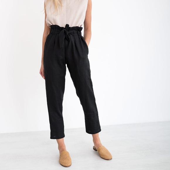 Love and Confuse NOAH Paper Bag Linen Pants Navy Tapered Crop Tie Front Size XS - Picture 1 of 12